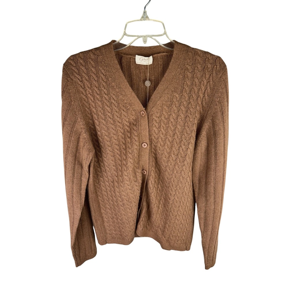 Goyo Brown Camel Wool Cable Knit V-Neck Cardigan Sweater Made in Mongolia NEW
